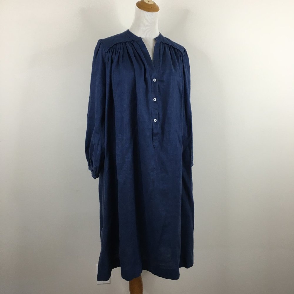 HEIDI MERRICK Loose Fit Blue Slit Hem V Neck Chambray Dress